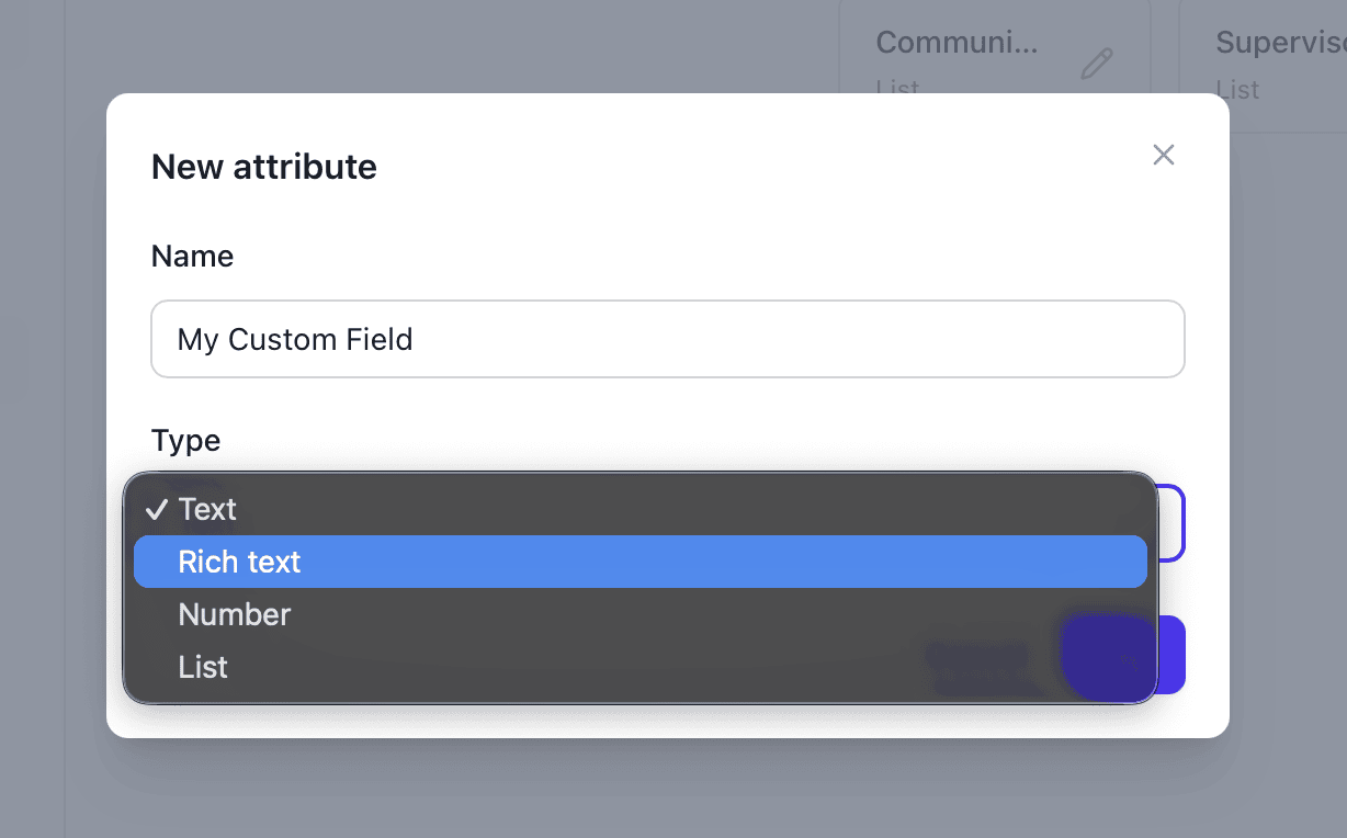 New attribute dialog for defining a custom scoring field and its type