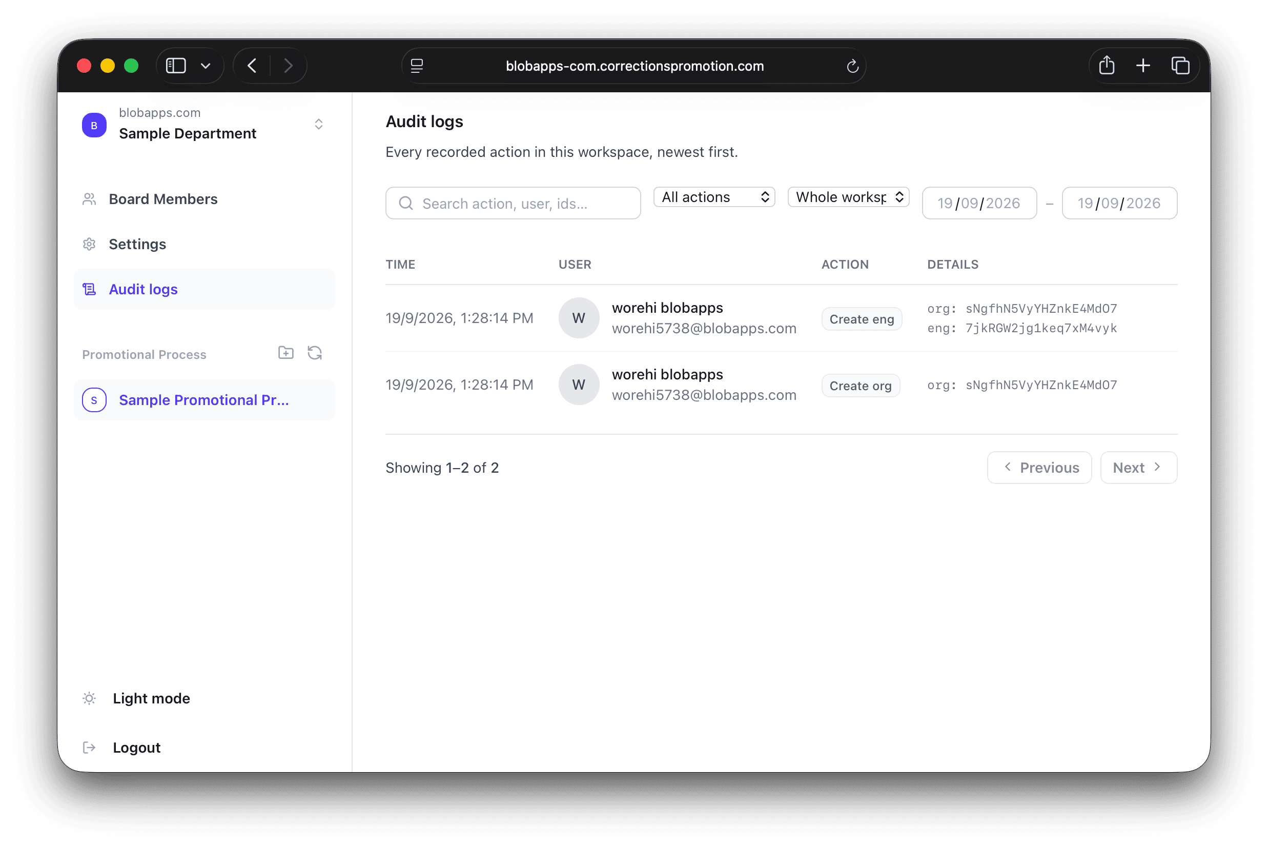 Audit log screen listing every recorded action in the workspace, newest first