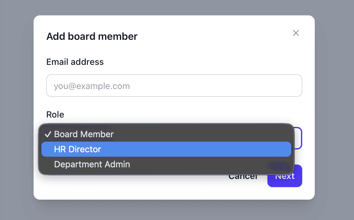 Add board member dialog with role selection