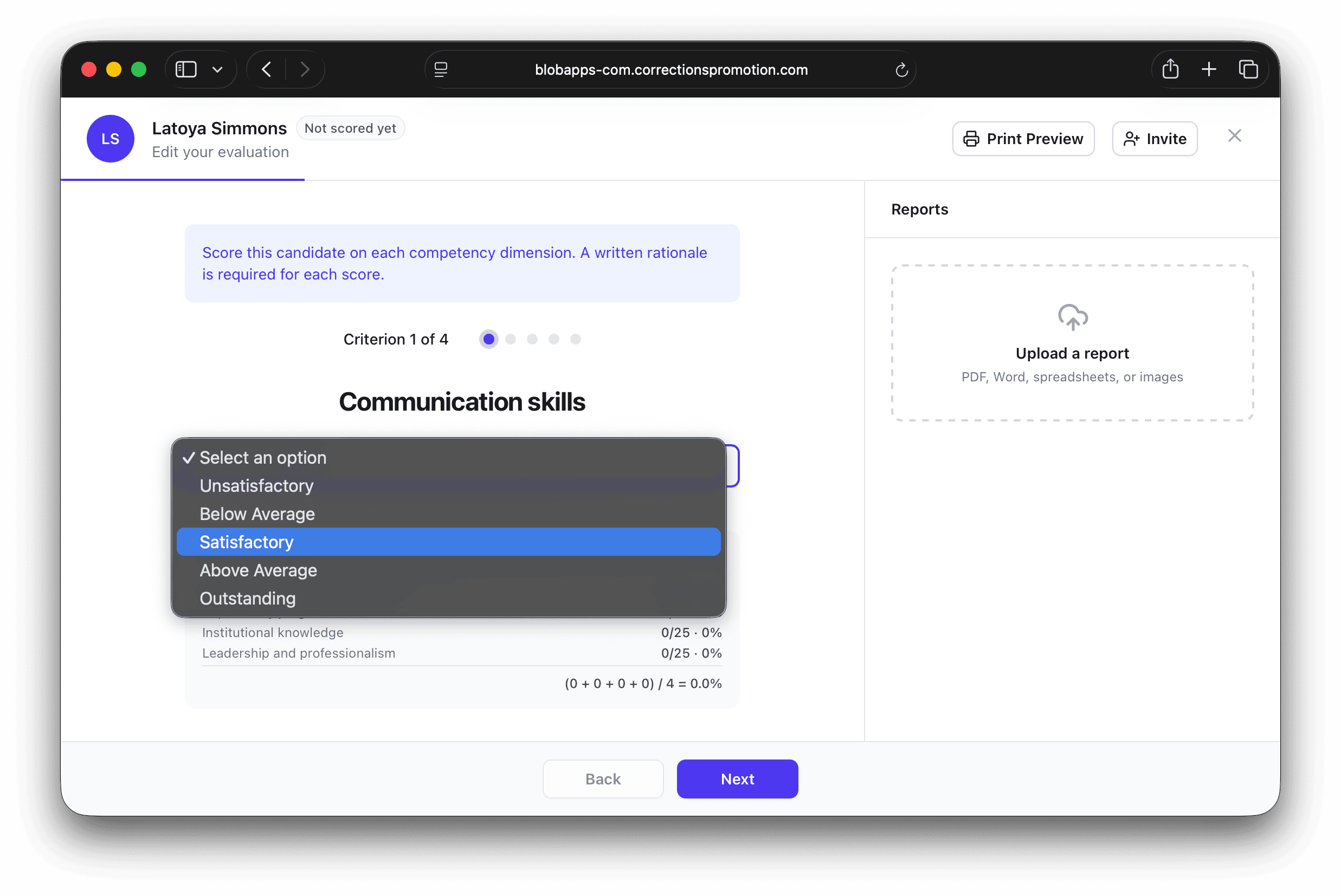 Evaluation screen scoring a candidate's communication skills, with the panel score updating live